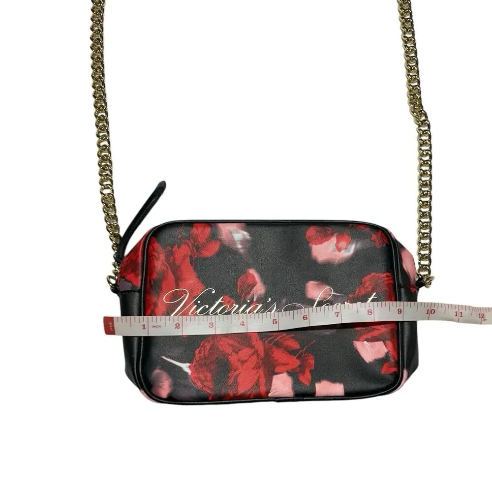 Victoria's Secret Red & Black Floral w/Gold-Tone Heavy Chain Crossbody Bag Purse